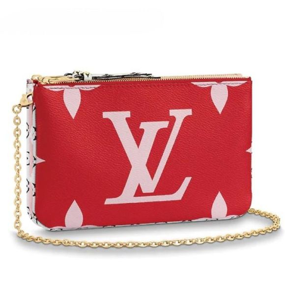 Pochette Double Zip Monogram Canvas Chain Gold Red Pink - Picture 1 of 2